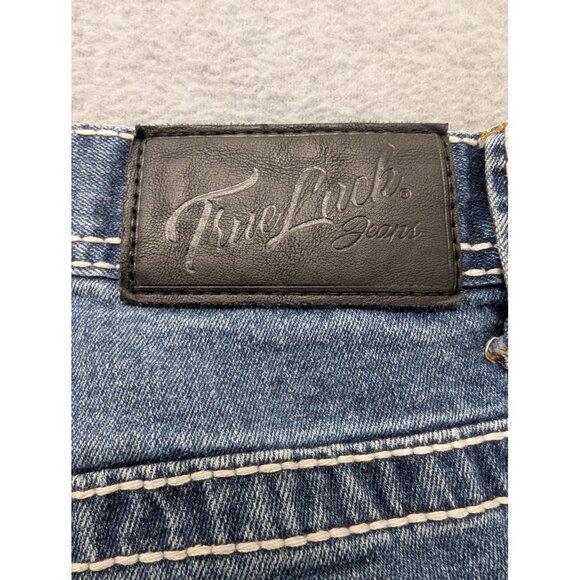 True Luck Jeans Mens 34x30 Blue Straight Leg Denim Contrast Stitch Embroidered - Picture 12 of 15
